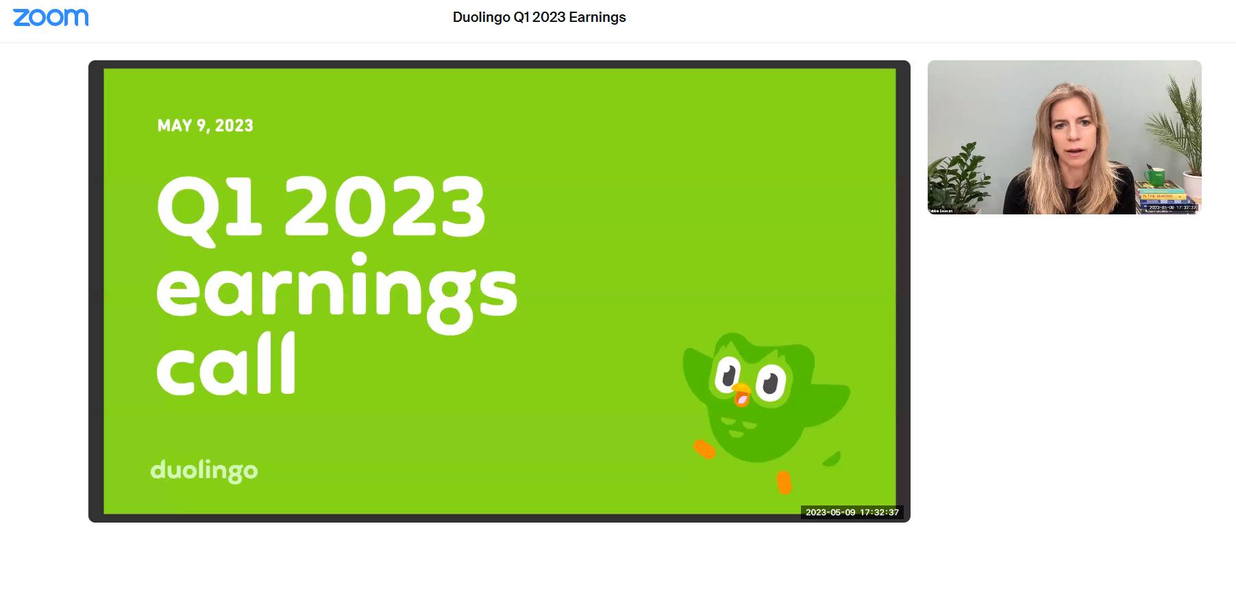 Debbie Belevan introducing Duolingo's video earnings call