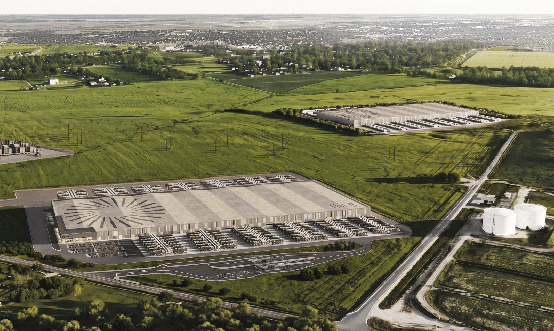 A preliminary rendering of Hut 8's Beacon Point data center campus